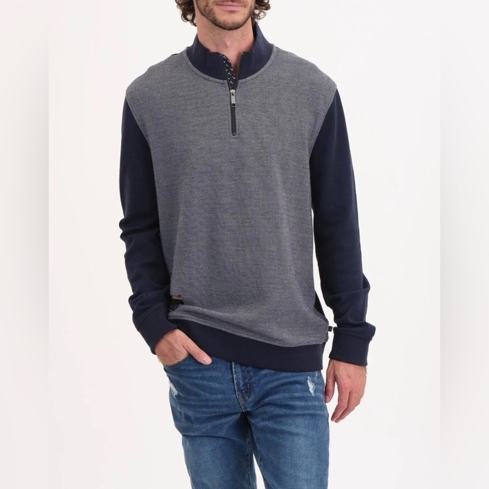 Magaschoni Men’s XL Navy Blue Color Block Long Sleeve Textured Pullover